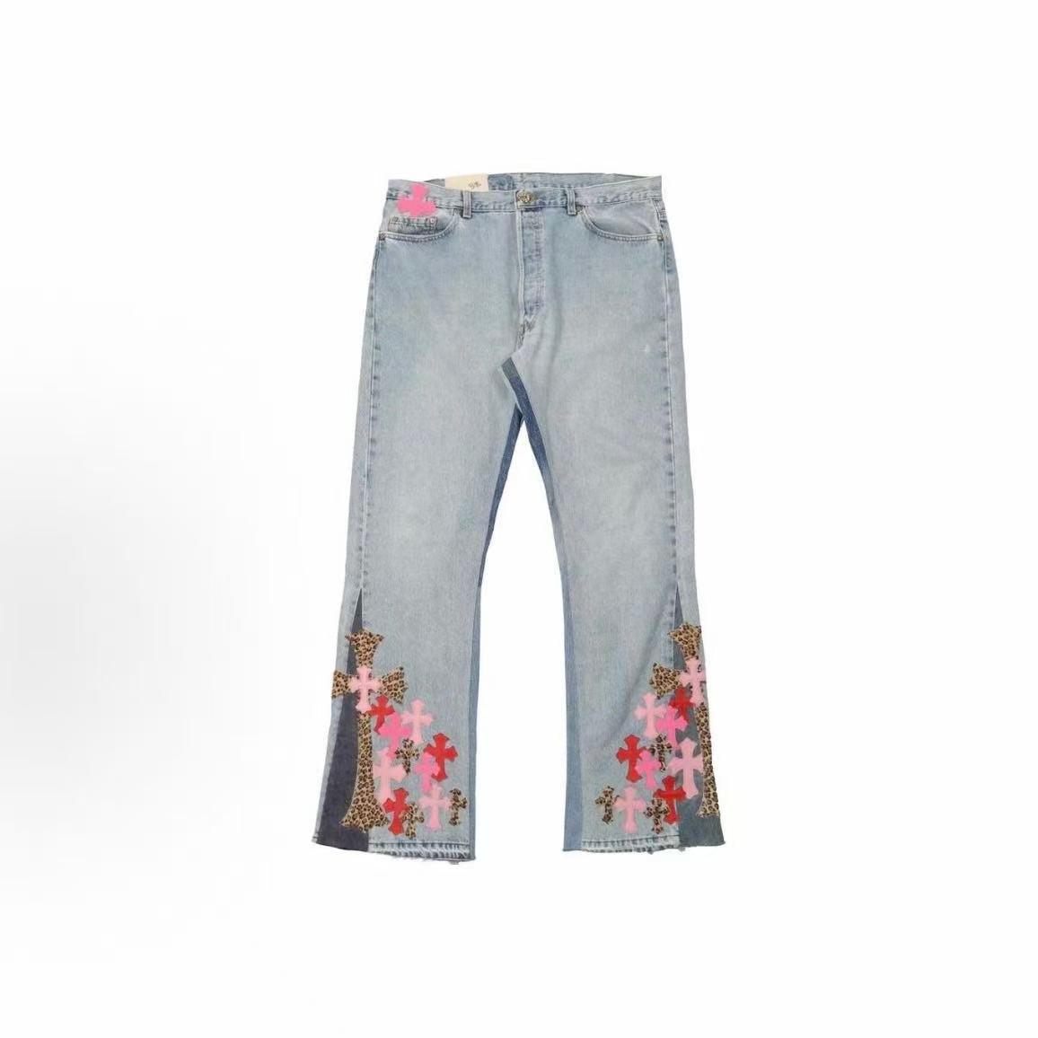 Chrome Hearts SS23 Cross Patch Zipper Straight leg Jeans Men's Blue