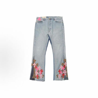 Chrome Hearts SS23 Cross Patch Zipper Straight leg Jeans Men's Blue