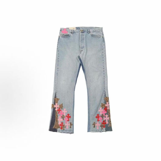 Chrome Hearts SS23 Cross Patch Zipper Straight leg Jeans Men's Blue