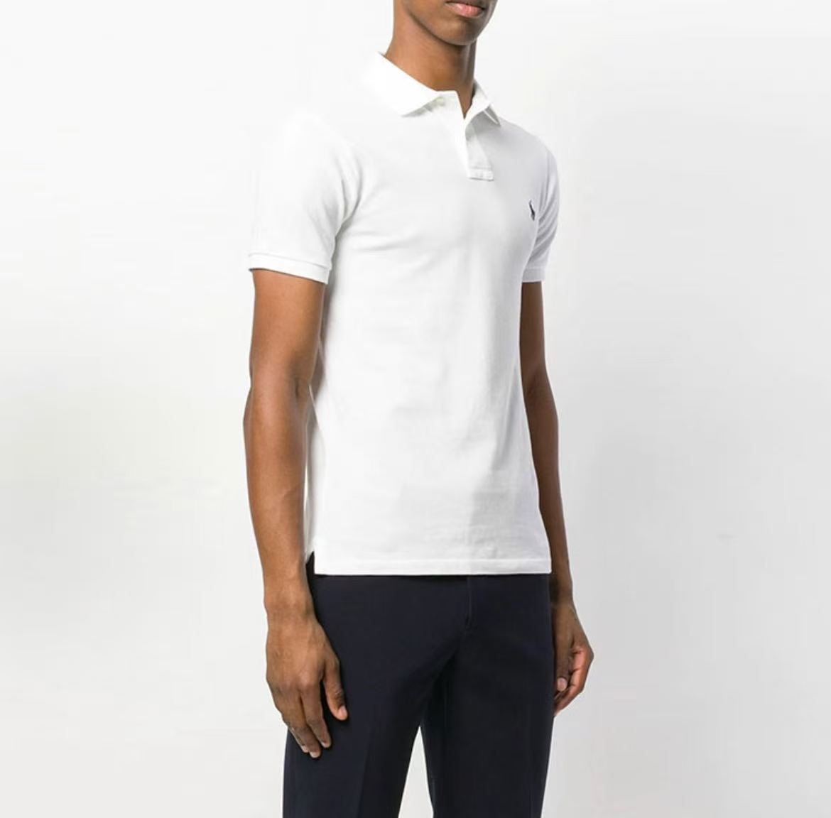 Ralph Lauren Petite Spurs Embroidered Solid Washed Cotton Mesh Double-Button Pullover Short-Sleeve Ribbed Sleeve Capri Polo Shirt, Wavy Hair, Men's Style, White