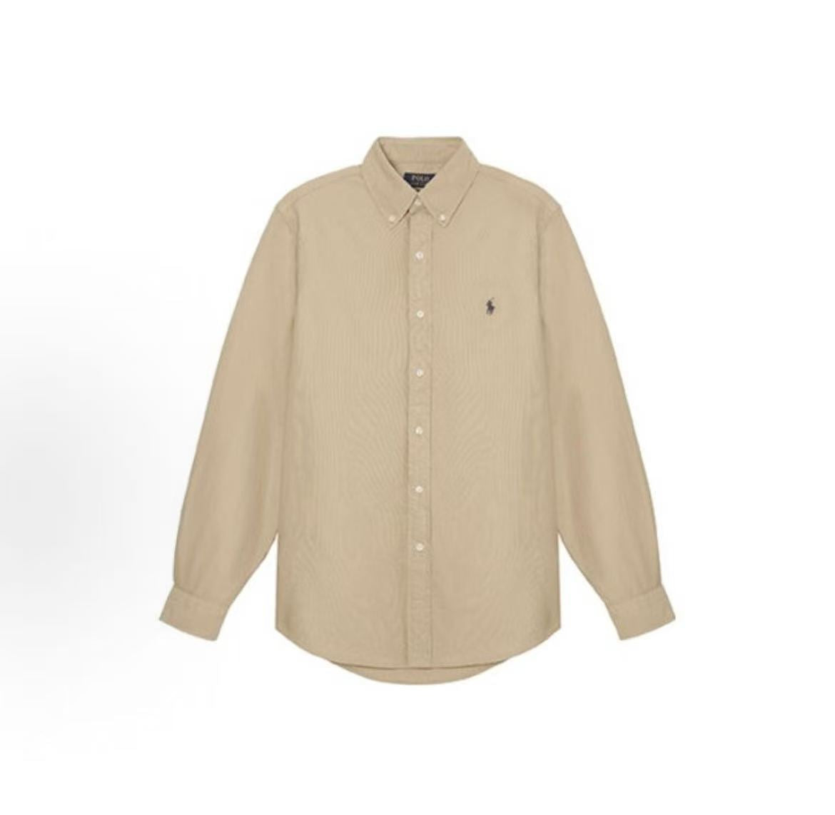 Ralph Lauren SS20 Logo Embroidered Oxford Blouse with Long Sleeves, Wavy Hair, Men's Style, Brownish-Tan