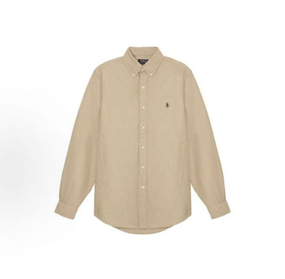 Ralph Lauren SS20 Logo Embroidered Oxford Blouse with Long Sleeves, Wavy Hair, Men's Style, Brownish-Tan