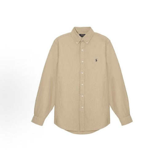 Ralph Lauren SS20 Logo Embroidered Oxford Blouse with Long Sleeves, Wavy Hair, Men's Style, Brownish-Tan