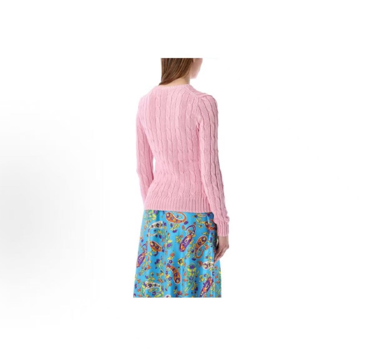 Ralph Lauren SS22 Pink Small Horse Logo Cable-Knit Long Sleeve Crewneck Sweater for Women