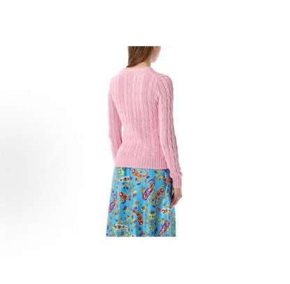Ralph Lauren SS22 Pink Small Horse Logo Cable-Knit Long Sleeve Crewneck Sweater for Women