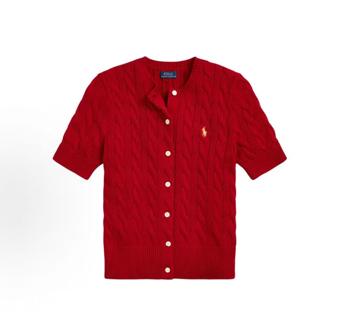 Ralph Lauren SS24 New Year Collection Small Spikes Embroidered Logo Pattern Twisted Knit Cotton Roundneck Single-Button Short-Sleeved Button-Up Blouse Knit Top Standard Fit Women's Style