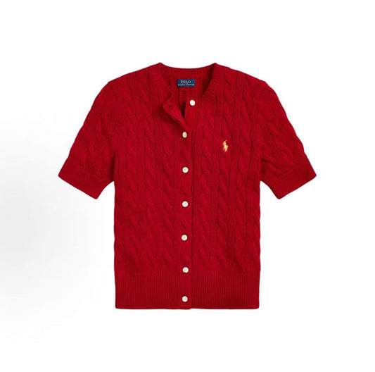 Ralph Lauren SS24 New Year Collection Small Spikes Embroidered Logo Pattern Twisted Knit Cotton Roundneck Single-Button Short-Sleeved Button-Up Blouse Knit Top Standard Fit Women's Style