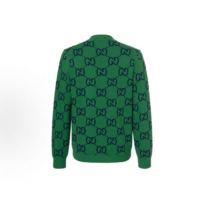 GUCCI Ancient Grecian SS22 Logo Plaid V-neck Single-Button Sweater for Men in Green