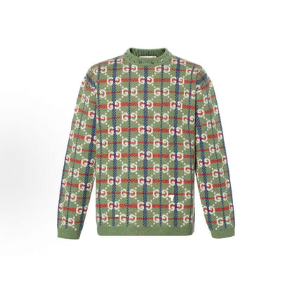 GUCCI Ancient Grecian Style 22 Fall Line Lettered Diamond Pattern Round-neck Pullover Long-sleeved Sweater for Men in Green