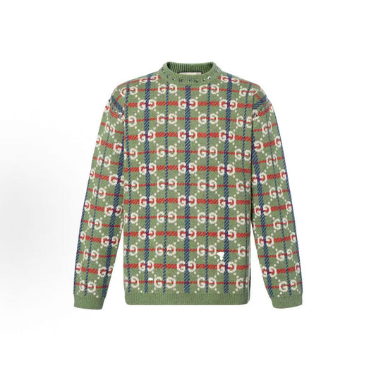 GUCCI Ancient Grecian Style 22 Fall Line Lettered Diamond Pattern Round-neck Pullover Long-sleeved Sweater for Men in Green