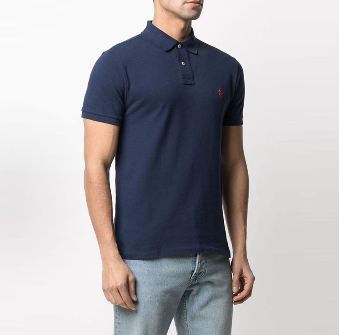 Ralph Lauren FW21 Solid-color Logo Embroidered Pullover Half-Button Short-Sleeve Polo Shirt - Wavy Hair - Men's - Blue
