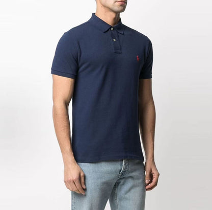 Ralph Lauren FW21 Solid-color Logo Embroidered Pullover Half-Button Short-Sleeve Polo Shirt - Wavy Hair - Men's - Blue