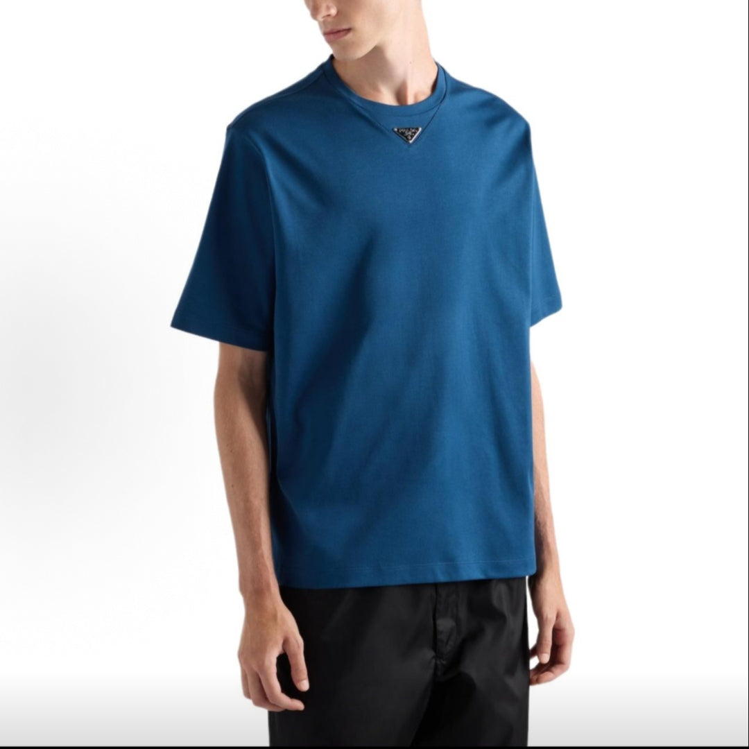 PRADA SS25 Spring/Summer Men's Collection - Solid Cotton Logo T-Shirt with Round Neck and Hooded Short Sleeve - Men's Style - Blue