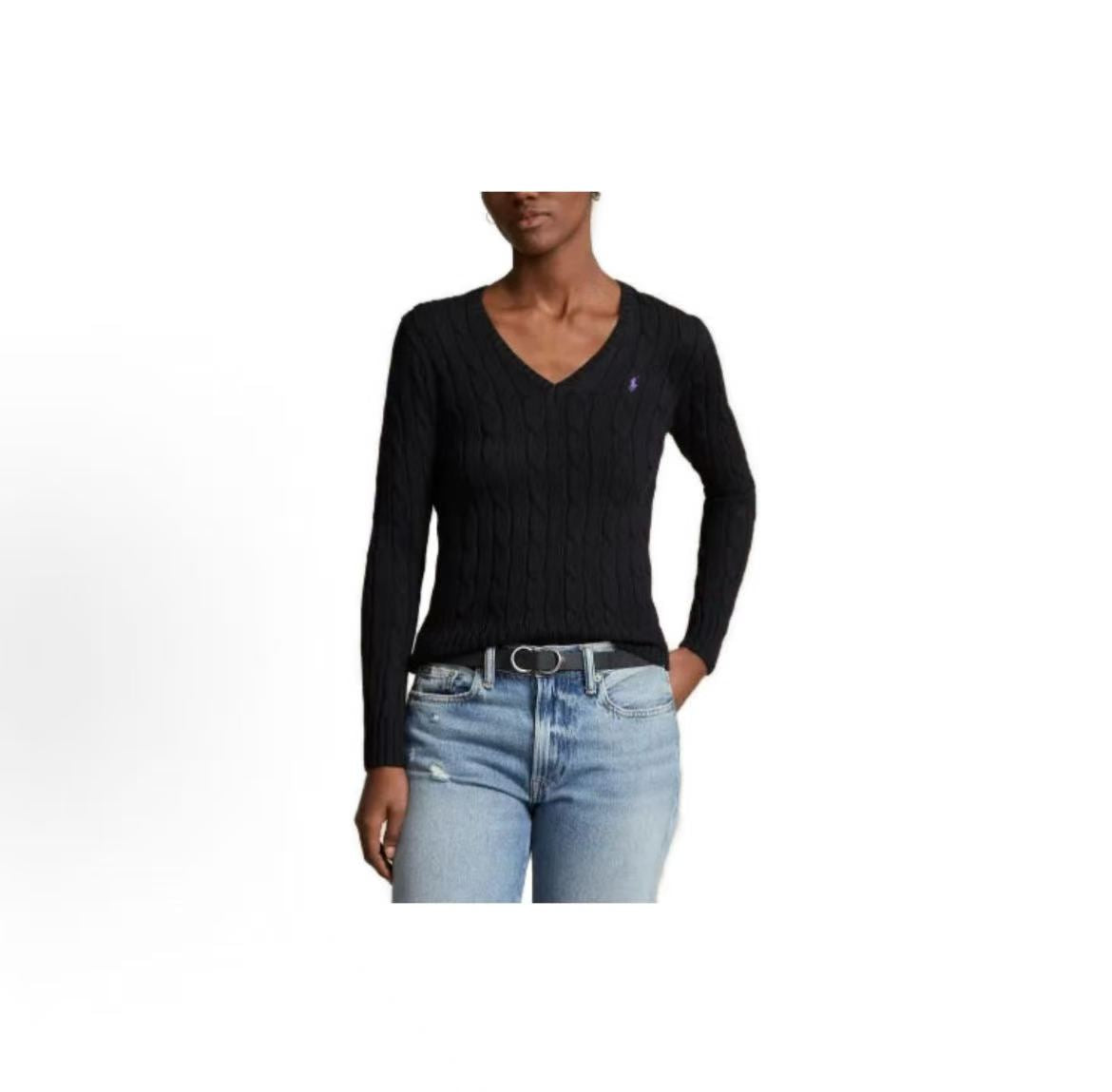 Ralph Lauren SS23 Small Horse Logo Embroidered Twisted Knitted Cotton V-Neck Pullover Long Sleeve Knit Shirt, Form-fitting Style, Women's, Black