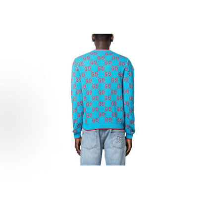 GUCCI 2023 Spring Collection Multi-color Logo Printed Round-neck Long-sleeved Sweater for Men - Blue