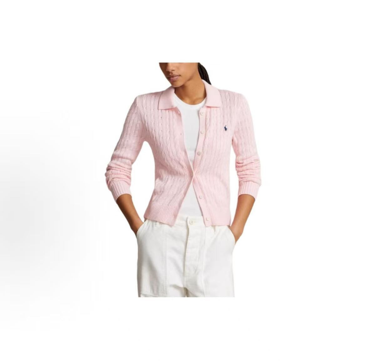 Ralph Lauren SS24 Small Horse Logo Embroidered Twisted Knitted Cotton Polo Neck Single-Button Long-Sleeved Button-Up Shirt - Knit Top - Fitted Style - Women's - Pink