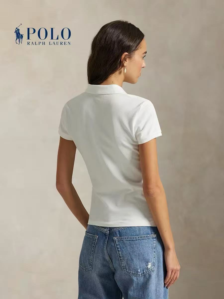 Ralph Lauren Small Horse Logo Embroidered Cotton Blended Ribbed Polo Neck Single-Button Short-Sleeved Shirt - Form-fitting Style - Women's White
