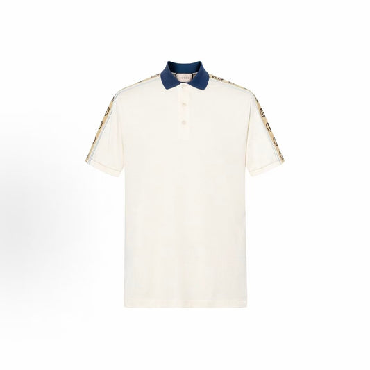 GUCCI Polo shirt with logo pattern, short sleeves, crew neck, men's style, ivory white