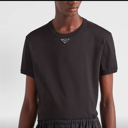 PRADA Prada Fall/Winter 2022 Solid-color Micro-logo Round-neck Cotton Hooded Short-sleeved T-shirt for Men - Black