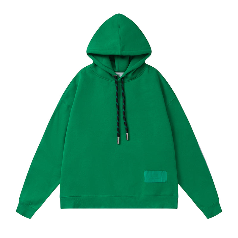 AMI  Solid Color Striped Drawstring Hoodie Dark Green