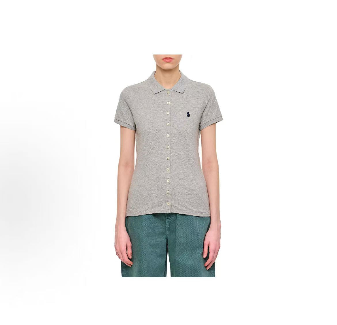 Ralph Lauren SS25 Solid Single-breasted Pointed Collar Short-Sleeved Shirt for Women in Light Gray