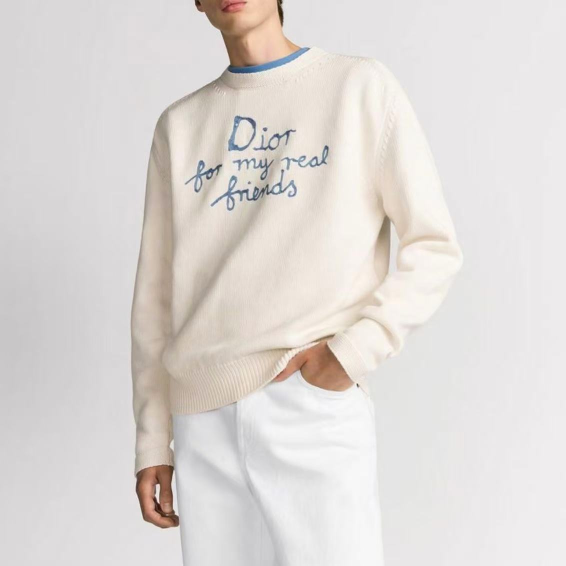 DIOR Dior Spring/Summer 2025 Collection - Dior and Hylington Nel Summer Men's Wear Collection - Long Sleeve Knit Shirt for Men - White with Logo Letter Embroidery