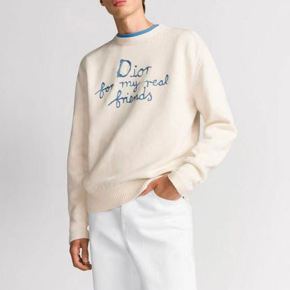 DIOR Dior Spring/Summer 2025 Collection - Dior and Hylington Nel Summer Men's Wear Collection - Long Sleeve Knit Shirt for Men - White with Logo Letter Embroidery