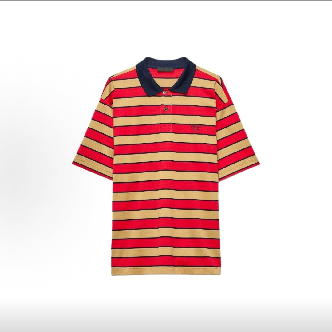 PRADA Men's SS25 Spring/Summer Striped Letter Print Cotton Short-Sleeve Polo Shirt, Red