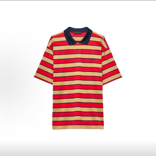 PRADA Men's SS25 Spring/Summer Striped Letter Print Cotton Short-Sleeve Polo Shirt, Red