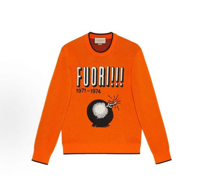 GUCCI / Gucci Round-neck pullover with alphanumeric pattern print, long-sleeved sweater for men, orange color