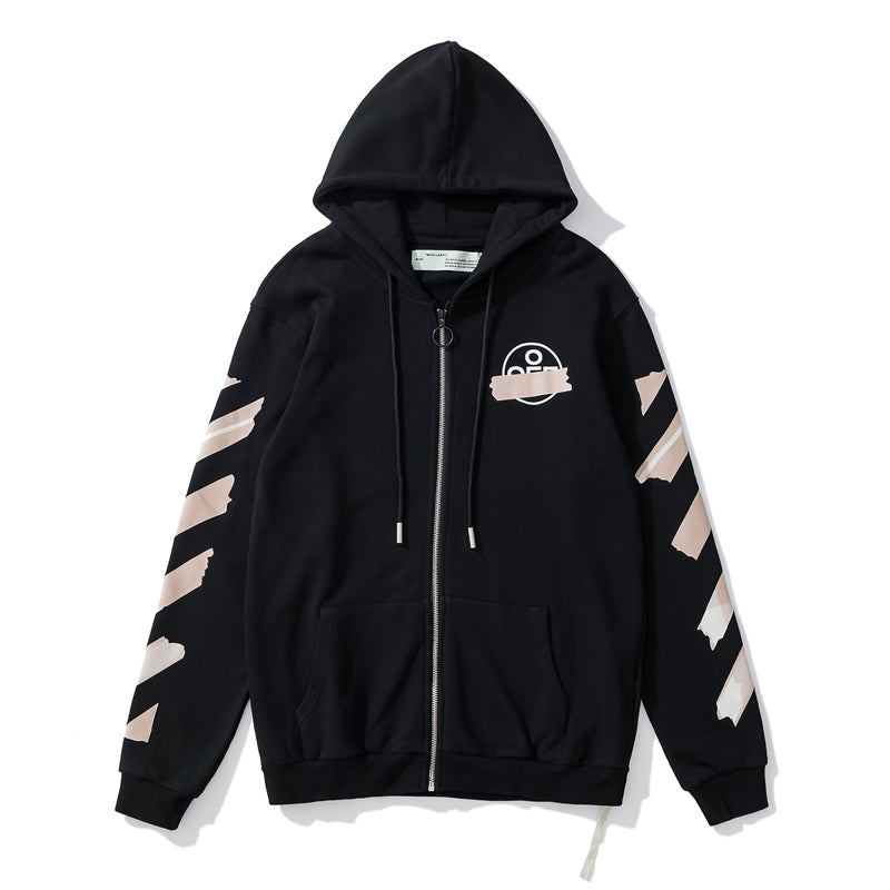 Off-White arrow zebra crossing print zipper hooded sweater beige/black