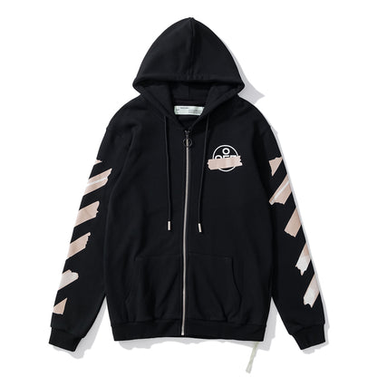 Off-White arrow logo print zipper hooded cardigan sweatshirt black