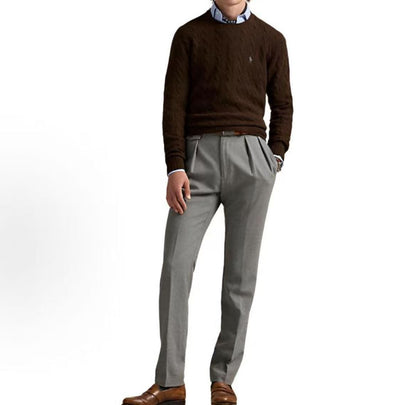 Ralph Lauren Small Spur Embroidered Logo Pattern Wool and Cashmere Blend Plaited Knitted Roundneck Pullover Long Sleeve Sweater Standard Fit Men's Style Brown