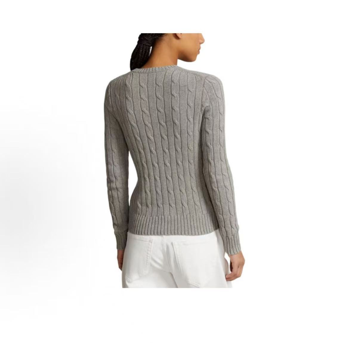 Ralph Lauren Small Horse Logo Embroidered Pattern Twisted Knitted Cotton Round-neck Pullover Long-Sleeve Knit Shirt Standard Fit Women's Grey