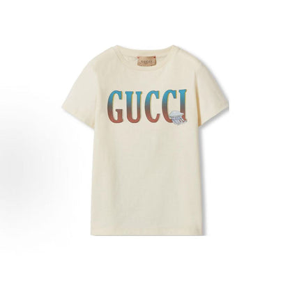 GUCCI T-shirt, FW24 (Fall/Winter 2024), Gucci 2024 Early Autumn Children's Clothing Collection, Logo Letter Print, Casual Round-neck Short Sleeve, White, Children's Style
