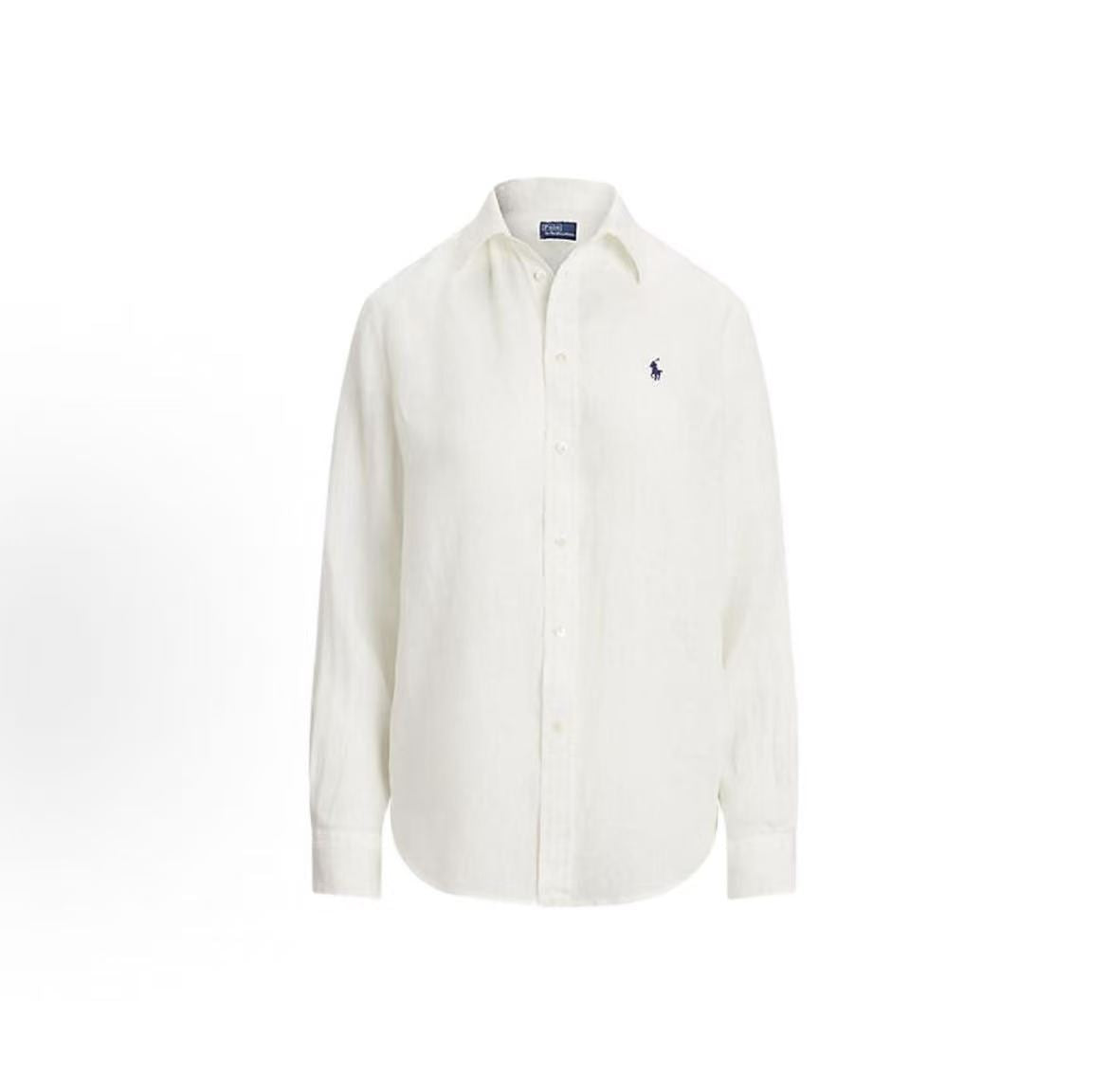 Ralph Lauren Petite Spurs Embroidered Solid Linen V-Neck Long Sleeve Sleeveless Collar Button Front Shirt - Blonde Hair - Women's - White