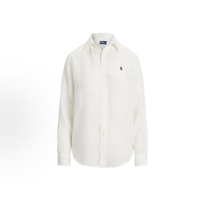 Ralph Lauren Petite Spurs Embroidered Solid Linen V-Neck Long Sleeve Sleeveless Collar Button Front Shirt - Blonde Hair - Women's - White