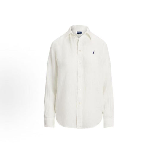 Ralph Lauren Petite Spurs Embroidered Solid Linen V-Neck Long Sleeve Sleeveless Collar Button Front Shirt - Blonde Hair - Women's - White