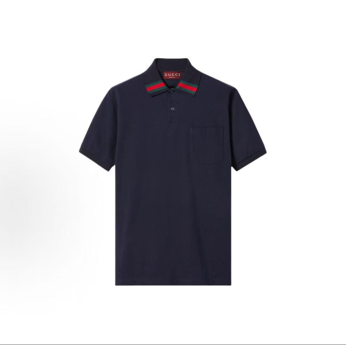 GUCCI Polo shirt with shoulder-hugging collar and button closure, for men. Navy blue color.