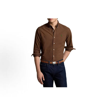 Ralph Lauren Logo Solid Color Single-Button Loose-Fitting Long-Sleeved Shirt for Men, Dark Color
