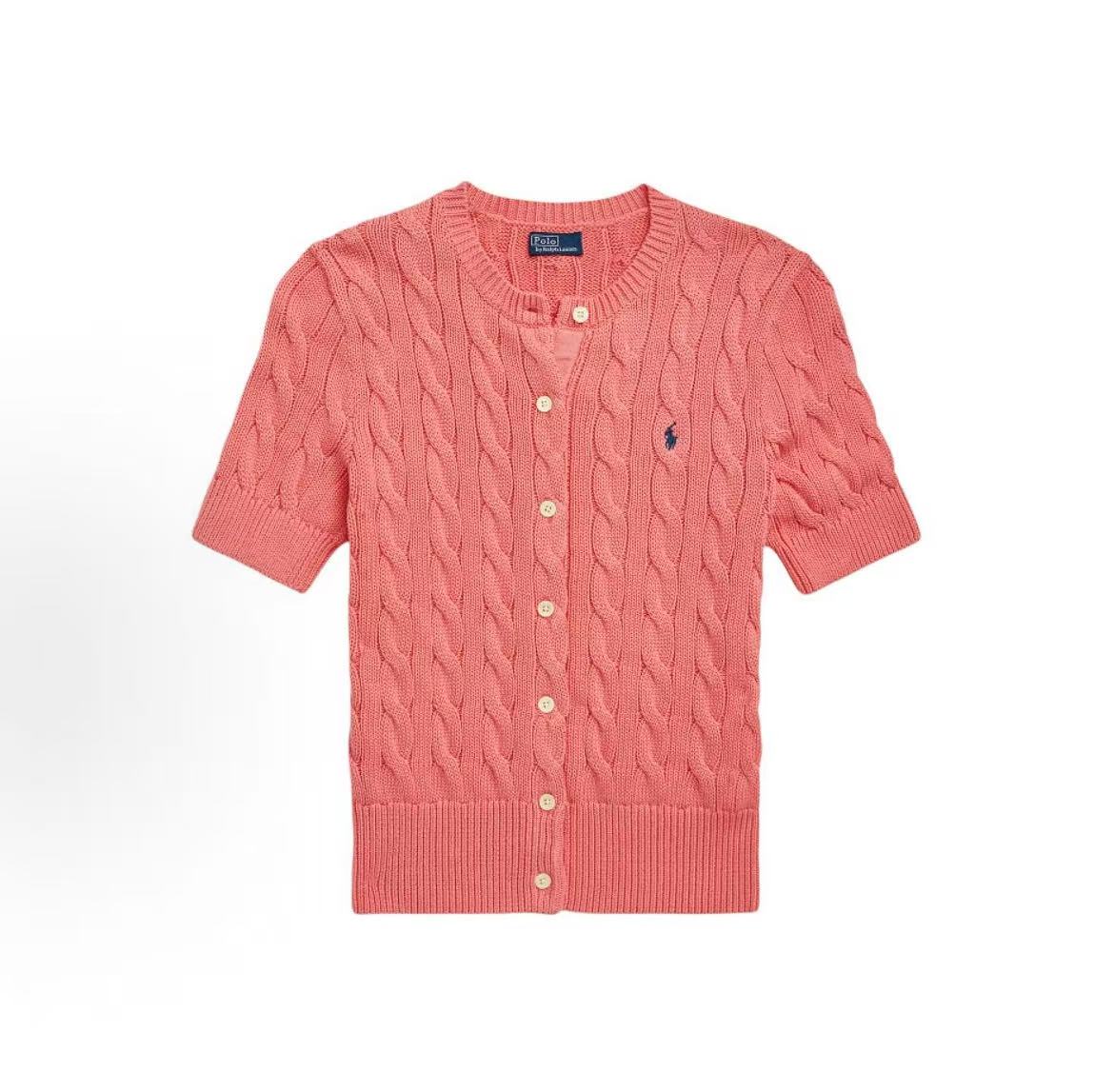 Ralph Lauren SS24 Solid Striped Logo Embroidered Single-Button Short-Sleeved Knit Shirt, Form-fitting Style, Women's Size, Pink