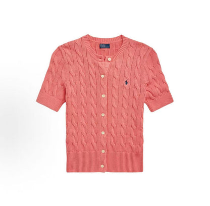Ralph Lauren SS24 Solid Striped Logo Embroidered Single-Button Short-Sleeved Knit Shirt, Form-fitting Style, Women's Size, Pink