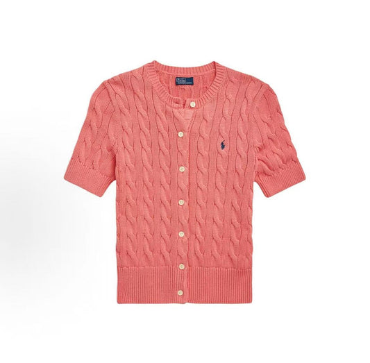 Ralph Lauren SS24 Solid Striped Logo Embroidered Single-Button Short-Sleeved Knit Shirt, Form-fitting Style, Women's Size, Pink