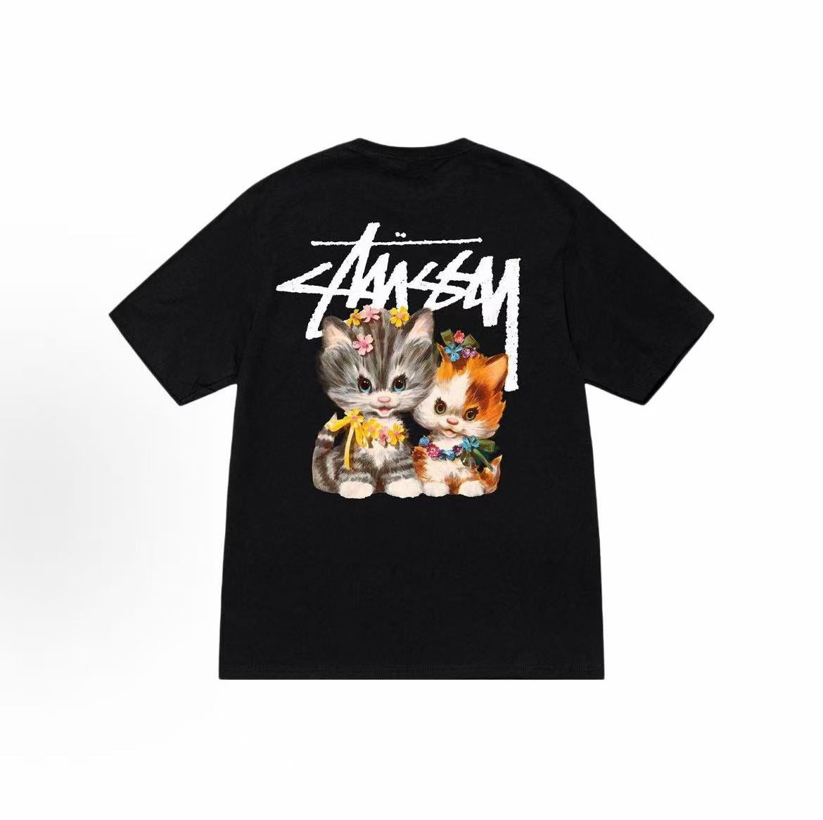 Stussy SS23 Collection Kittens Tee - 3D Cat Cartoon Pattern Embroidery with Letter Logo on Round Neck Short Sleeve T-shirt. Available for both men and women.