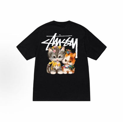 Stussy SS23 Collection Kittens Tee - 3D Cat Cartoon Pattern Embroidery with Letter Logo on Round Neck Short Sleeve T-shirt. Available for both men and women.