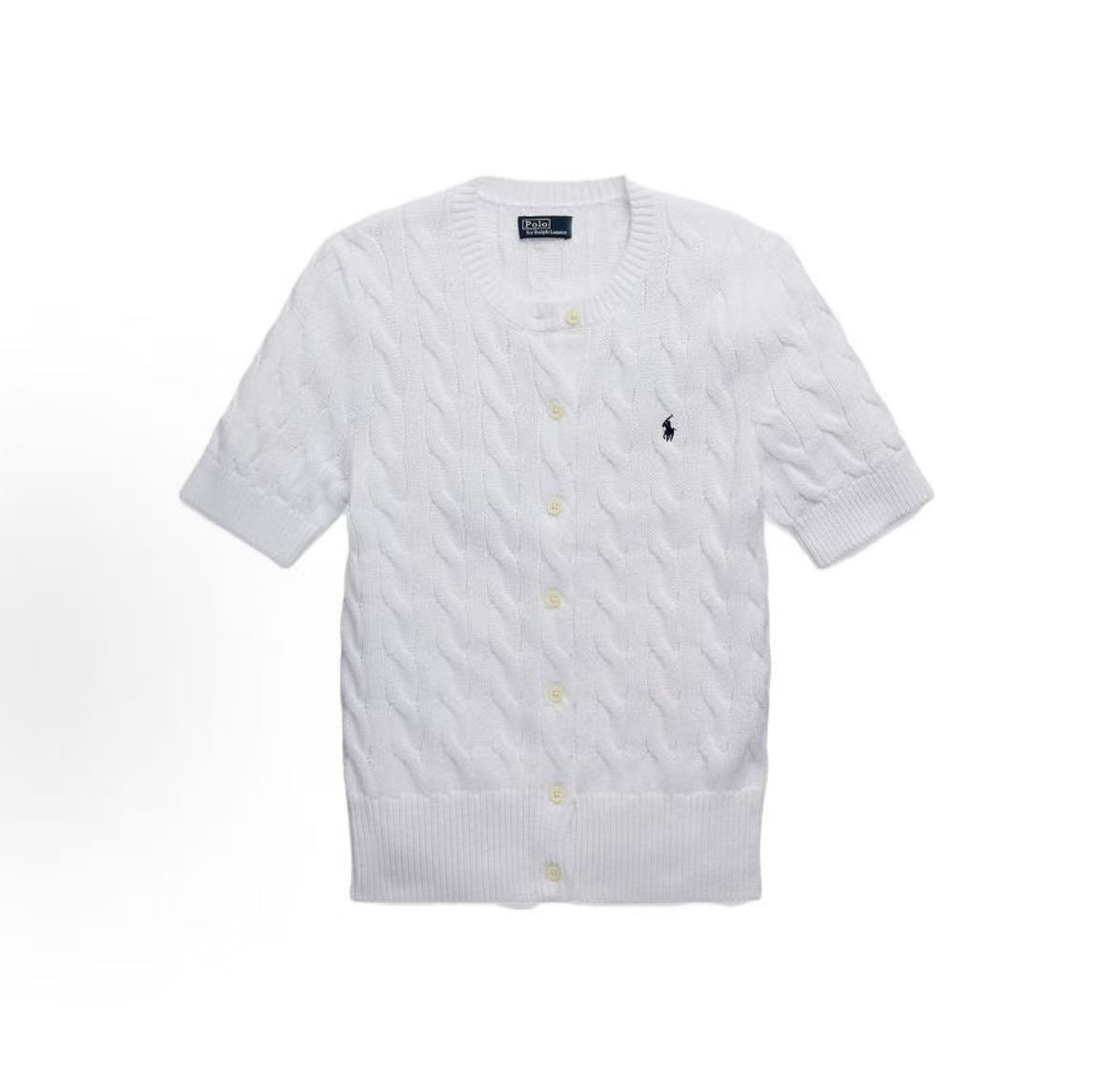 Ralph Lauren SS23 Petite Spur Embroidered Solid Cotton Twill Knoted Crewneck Short Sleeve Button Front Lace Trim Hem Knit Top Standard Fit Women's White