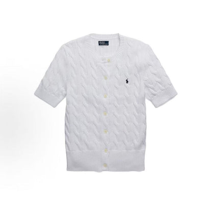 Ralph Lauren SS23 Petite Spur Embroidered Solid Cotton Twill Knoted Crewneck Short Sleeve Button Front Lace Trim Hem Knit Top Standard Fit Women's White