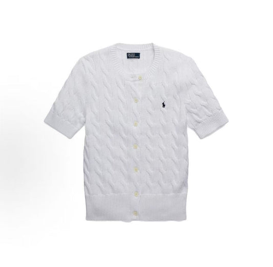 Ralph Lauren SS23 Petite Spur Embroidered Solid Cotton Twill Knoted Crewneck Short Sleeve Button Front Lace Trim Hem Knit Top Standard Fit Women's White