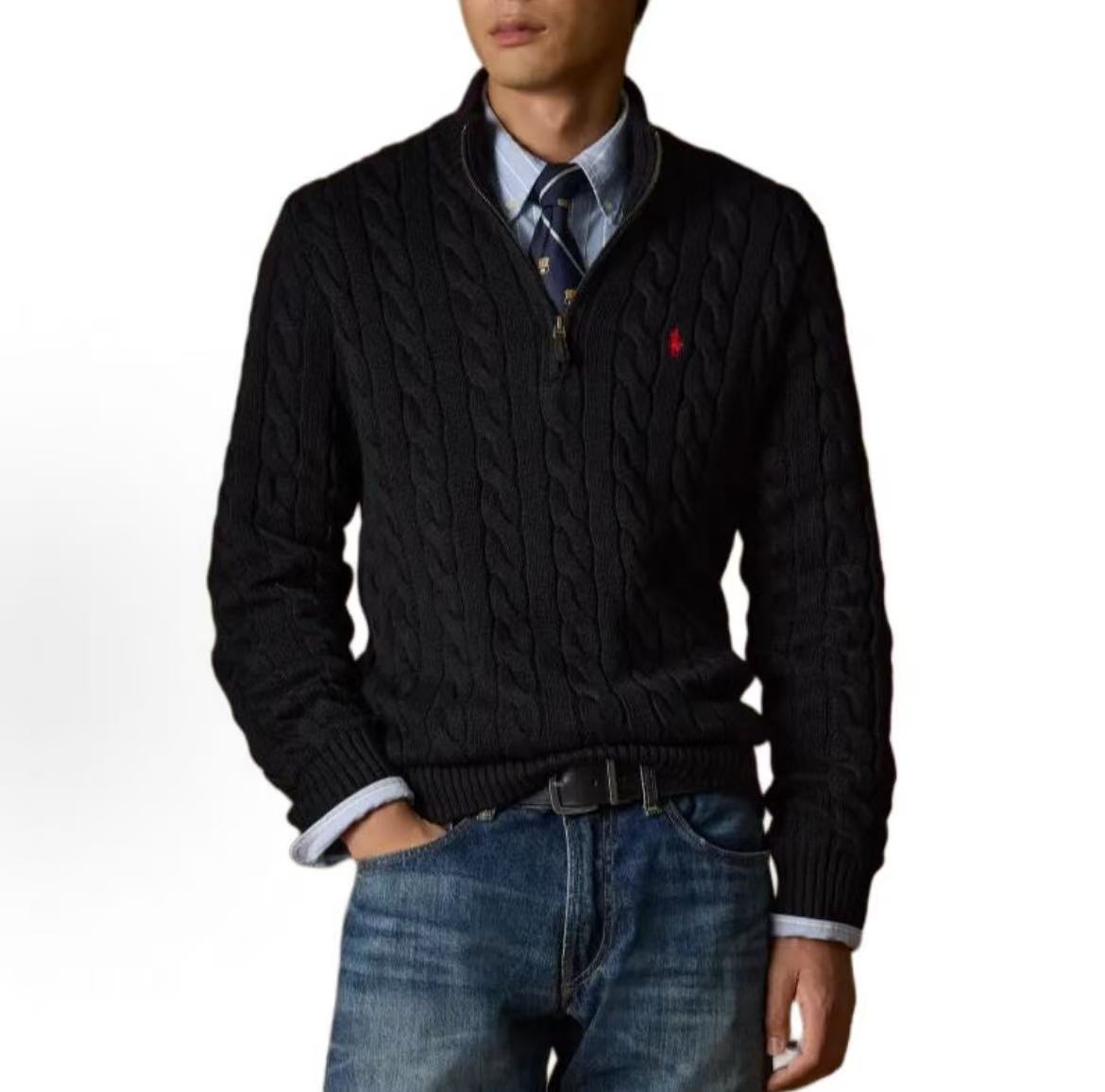 Ralph Lauren Petite Spurs Embroidered Solid Twill Knotted Cotton Half-Neckline Quarter-Zip Pullover Long Sleeve Ribbed Hem Men's Sweater Standard Fit Black