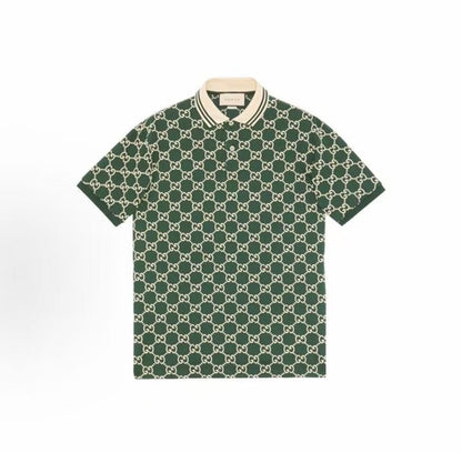 GUCCI Polo shirt with GG pattern embroidered elastic short sleeves for men, in green color.